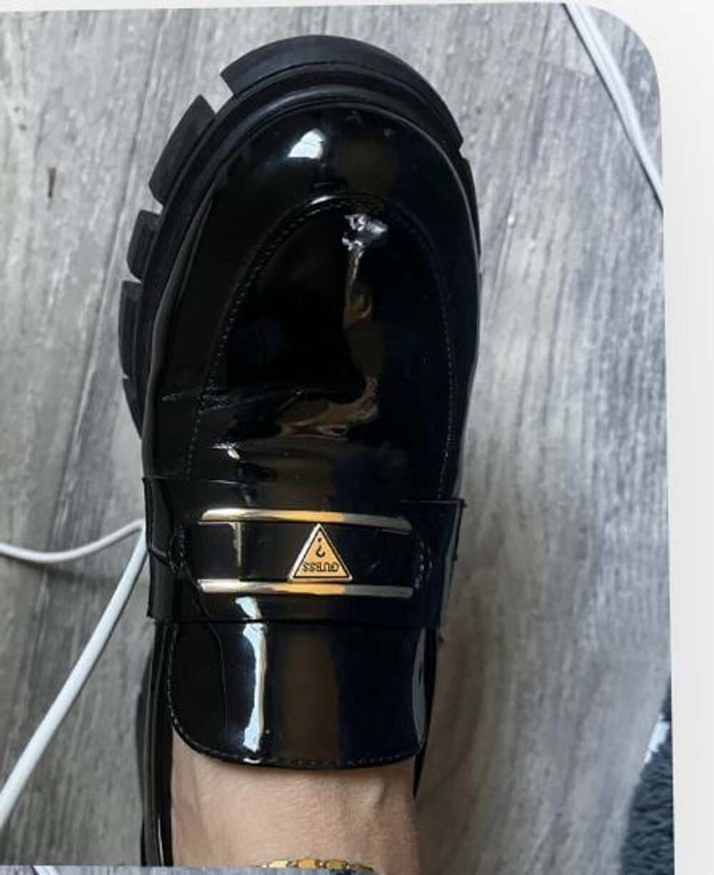 Guess Loafers Size 7.5M Black Patent Chunky Heel Platform Shoes